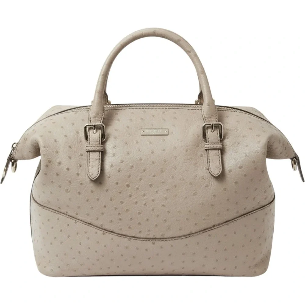 Kate Spade New York Ostrich Embossed Satchel Bag Light Grey Silver Tone NEW